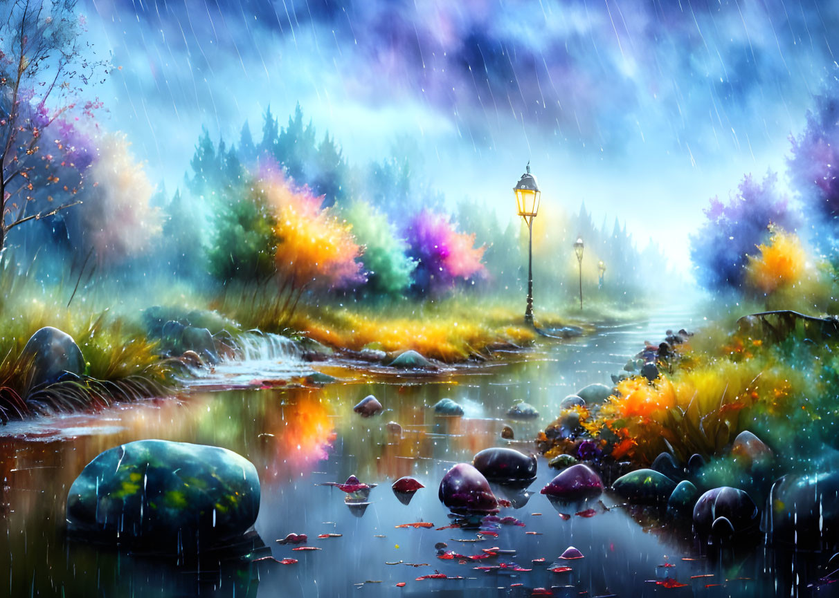 Colorful Landscape Painting: Rainy Scene with Streetlamp, River, and Foliage