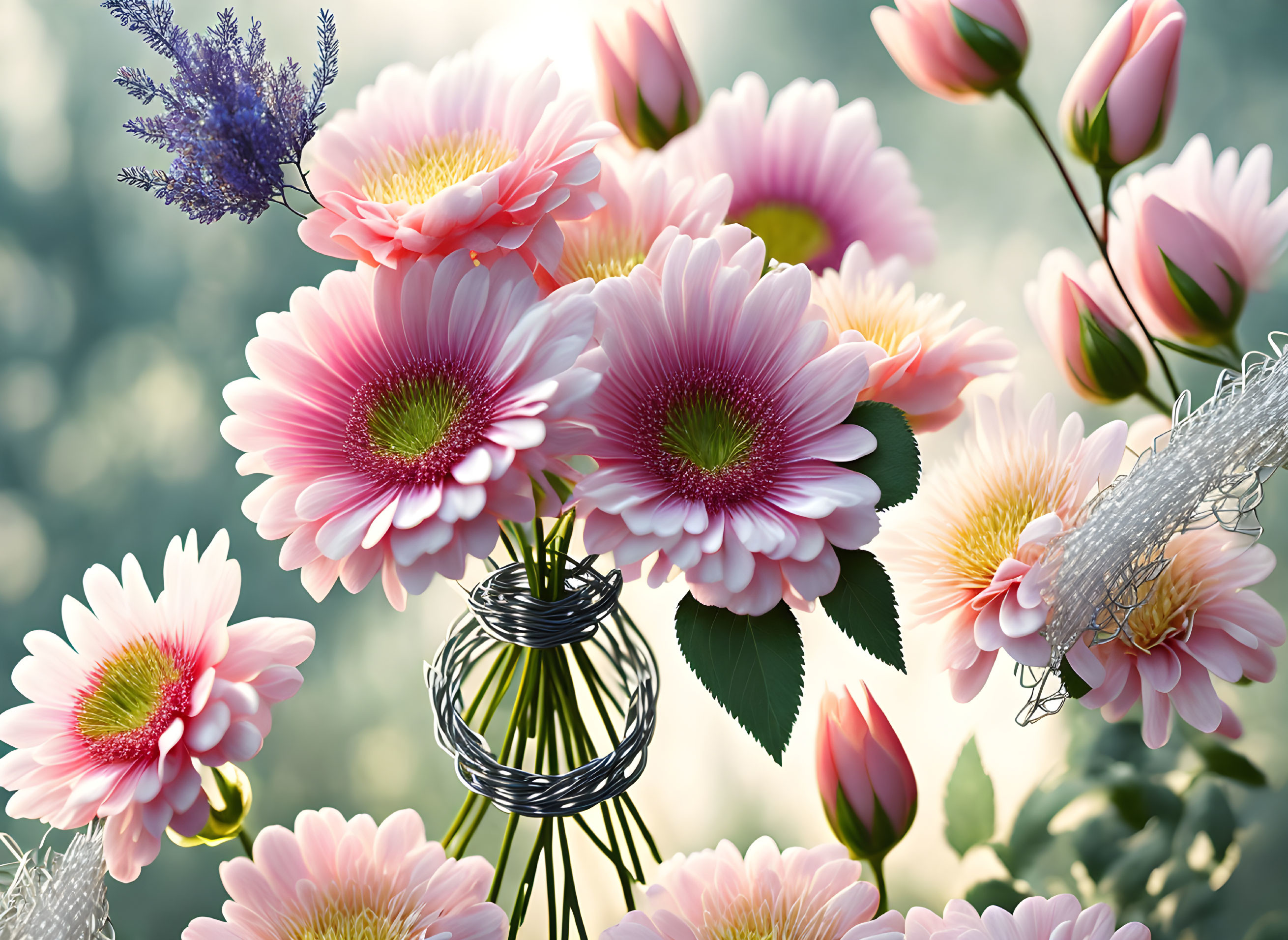 Pink Gerbera Flowers in Wire Vase with Lavender Sprigs