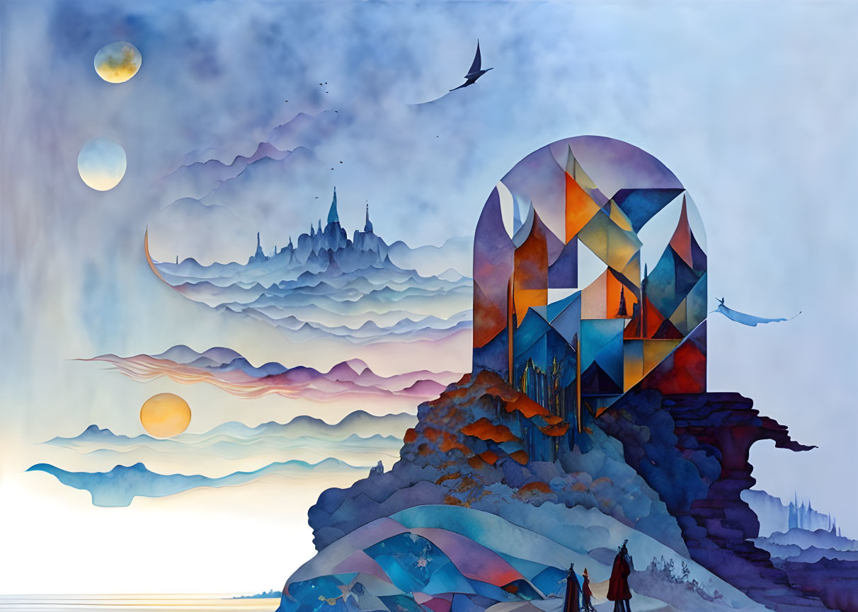 Whimsical artwork of stained-glass mountain with floating islands