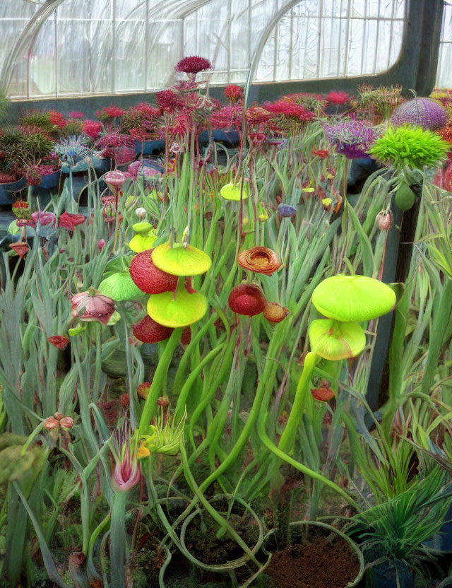 Colorful pitcher plants in vibrant greenhouse setting