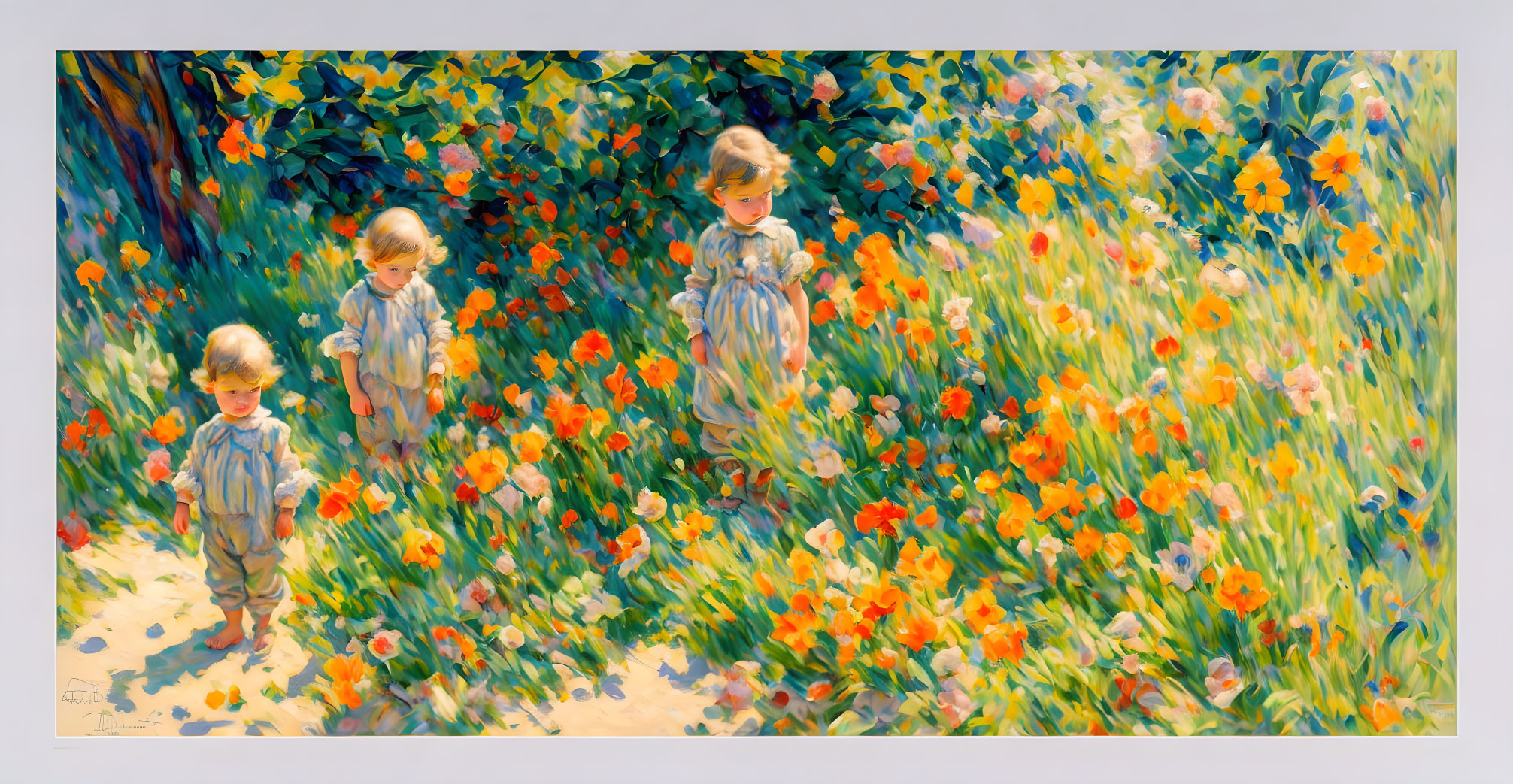 Children in vintage attire among orange and yellow flowers in sunlight