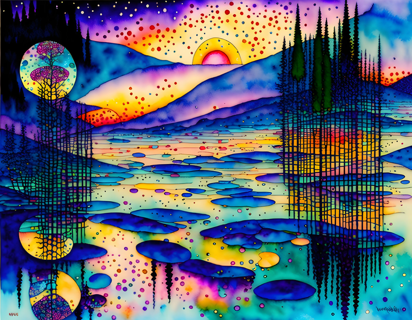 Colorful psychedelic landscape with sun, trees, and starry sky.