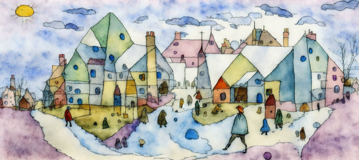 Colorful Watercolor Painting of Distorted Village Scene