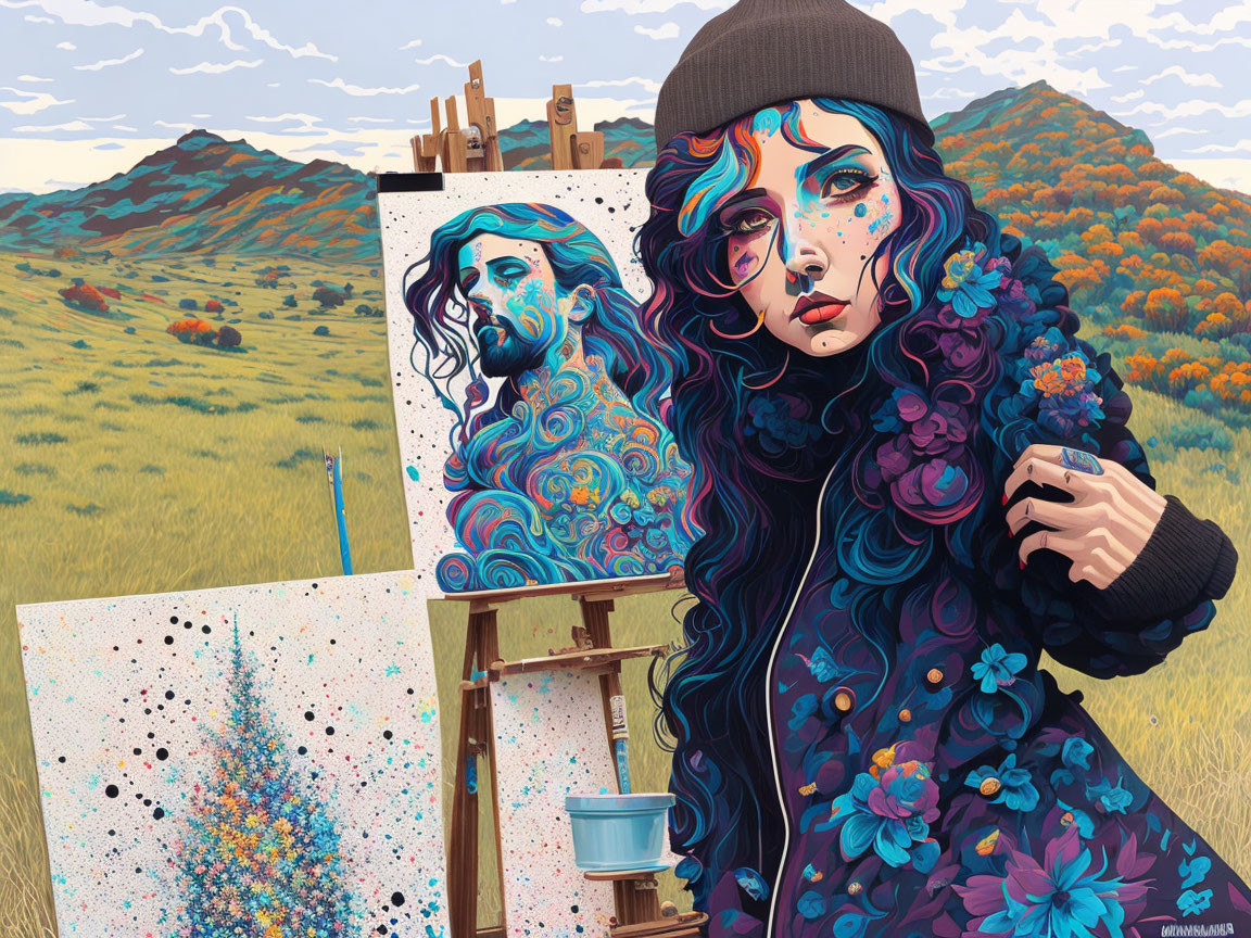 Blue-haired artist painting vibrant portrait in scenic field with splattered paint, colorful gradients.