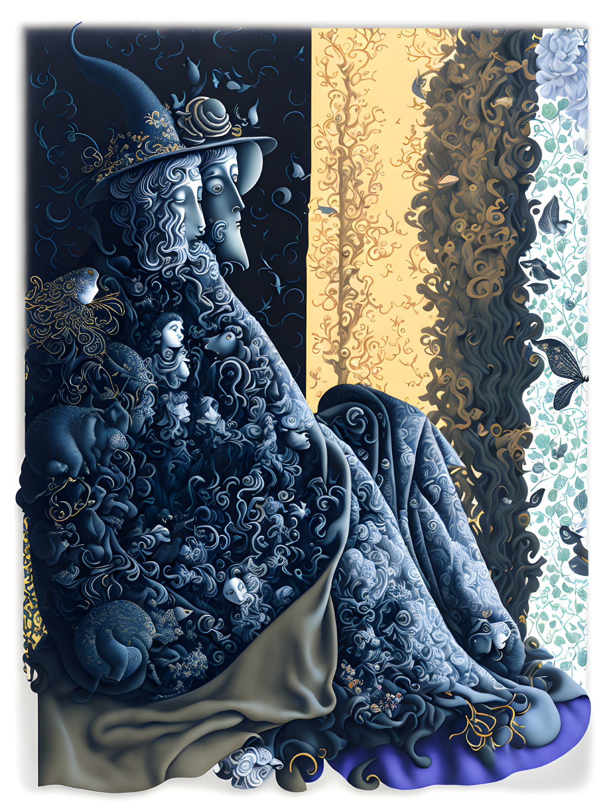 Detailed Stylized Illustration of Figure in Blue Garments with Gold Accents