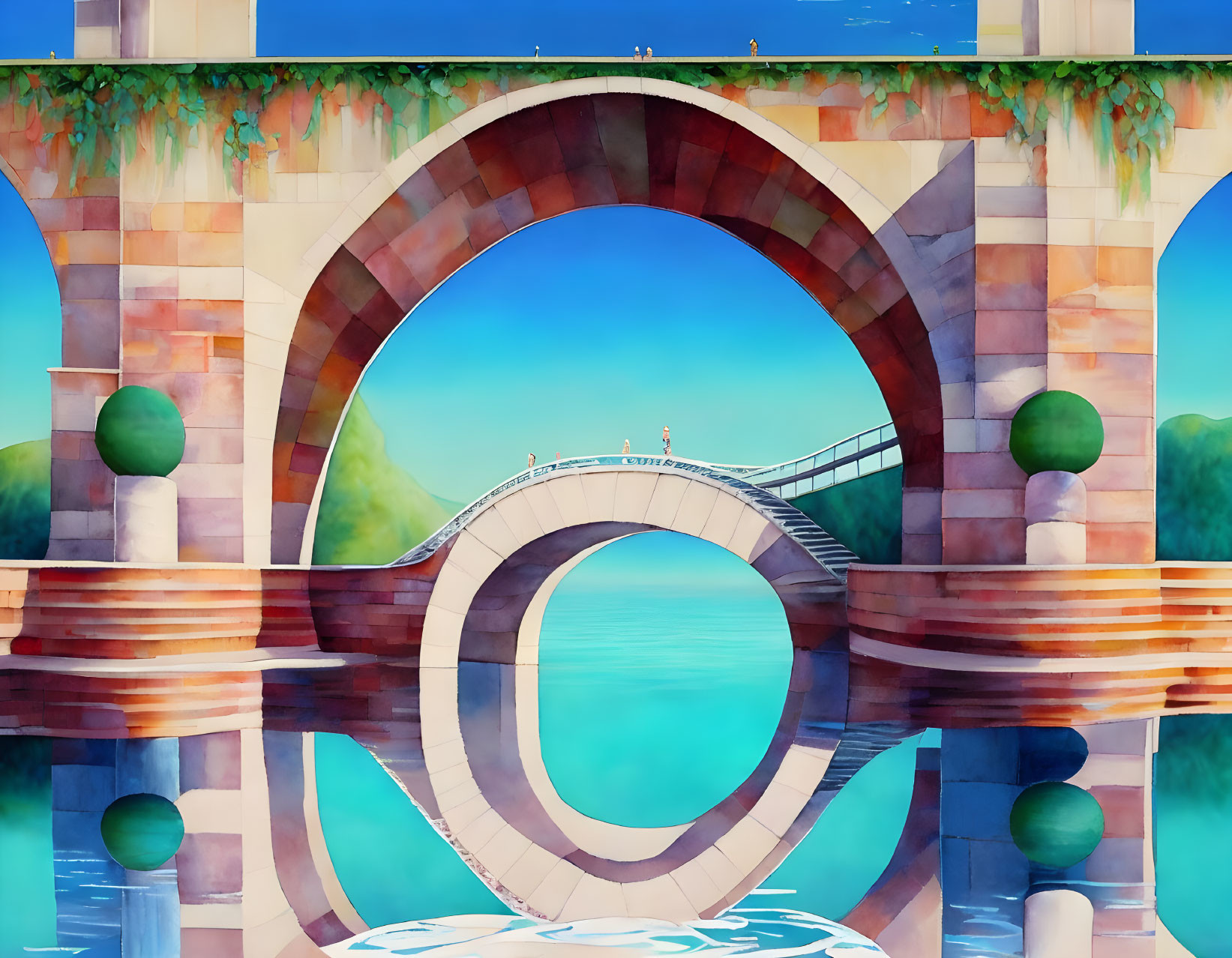 Vibrant illustration: whimsical stone bridge over blue water