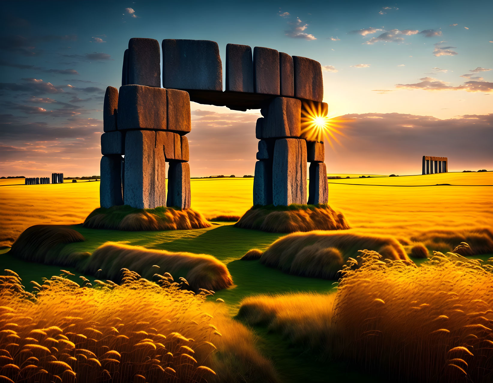 Stonehenge-like Formation at Sunset with Wheat Fields and Blue Sky