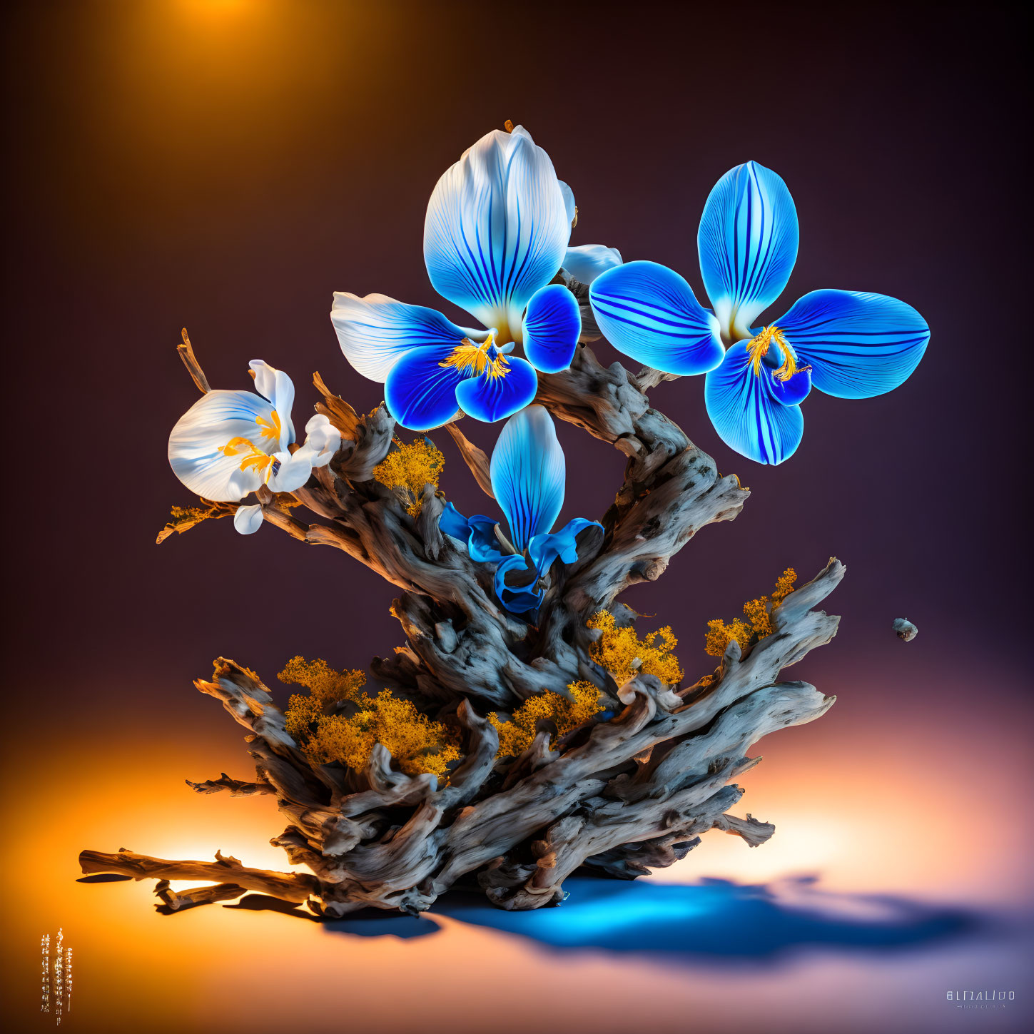 Vibrant blue orchids on driftwood with orange and purple backdrop