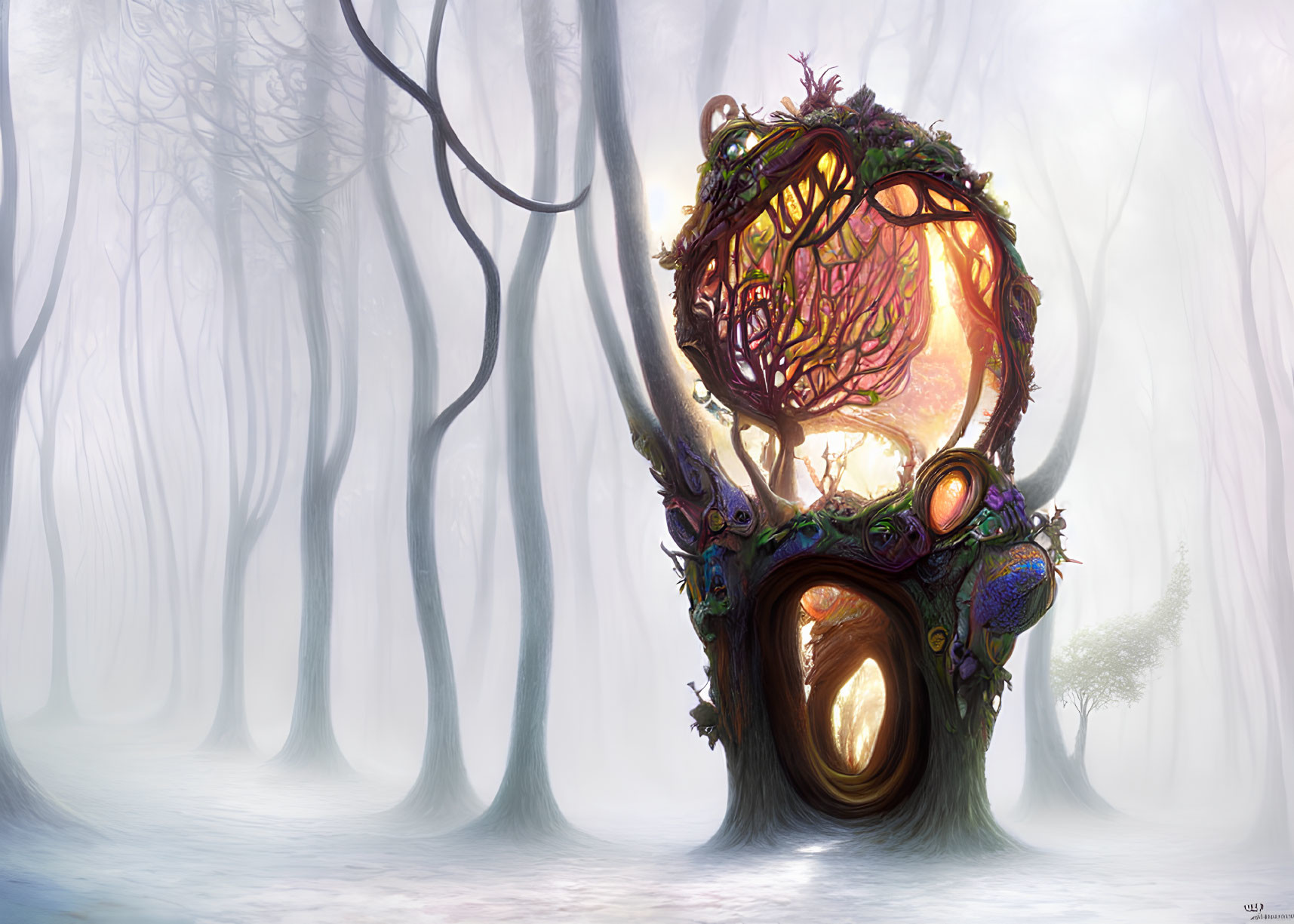 Enchanted forest scene with ornate glowing tree portal