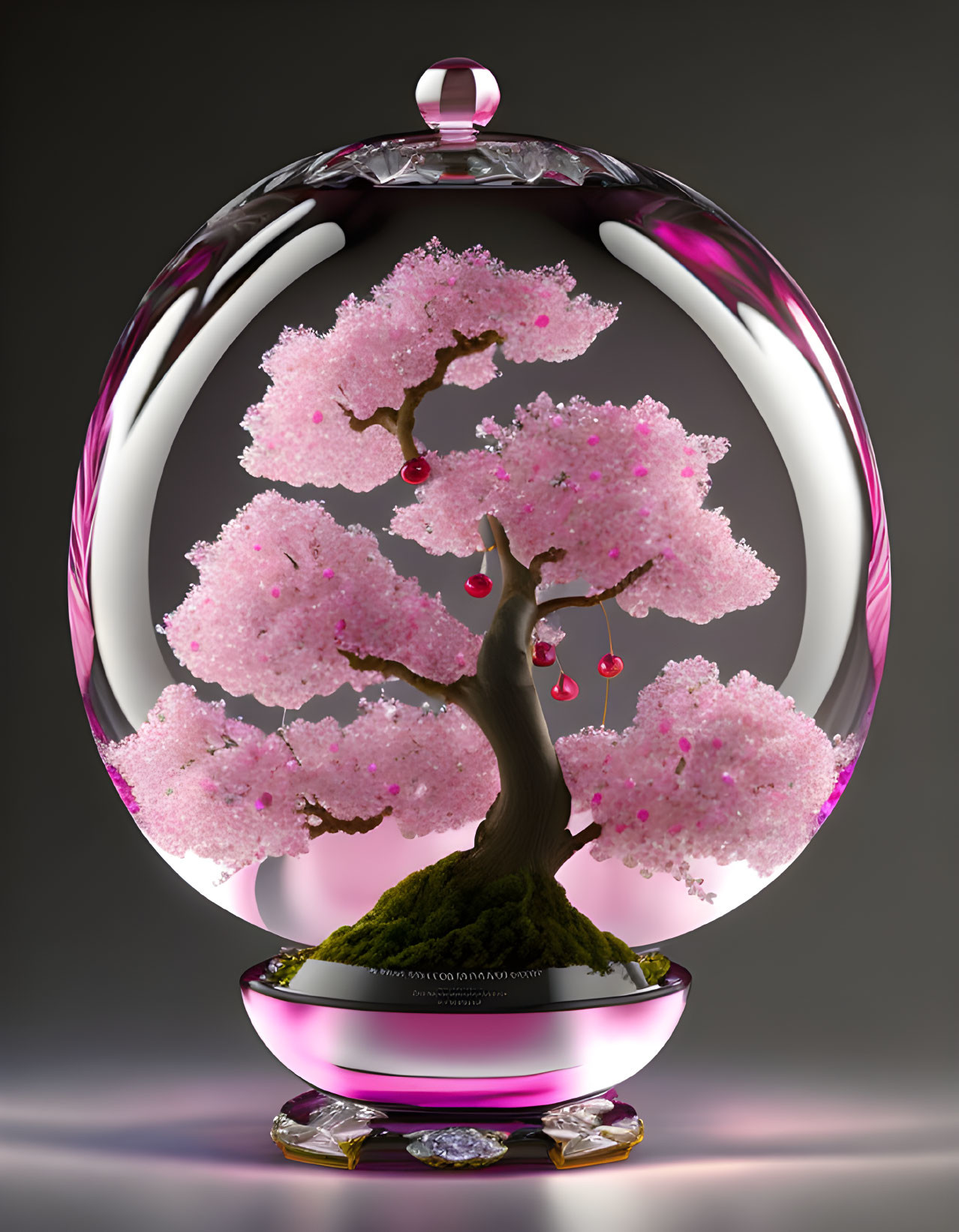 Ornate glass orb with cherry blossom tree and crystal embellishments