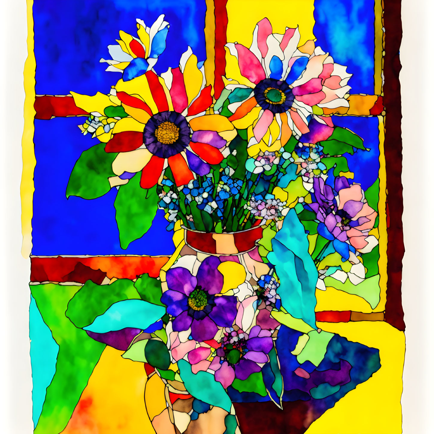 Colorful Stained Glass-Style Bouquet Illustration with Bold Outlines