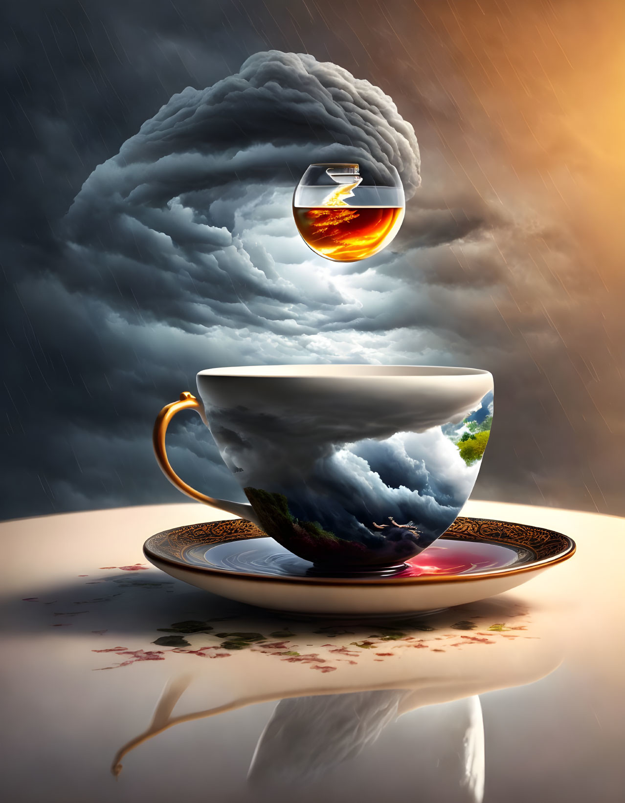 Surreal teacup, world map, and levitating wine glass against dramatic sky landscape