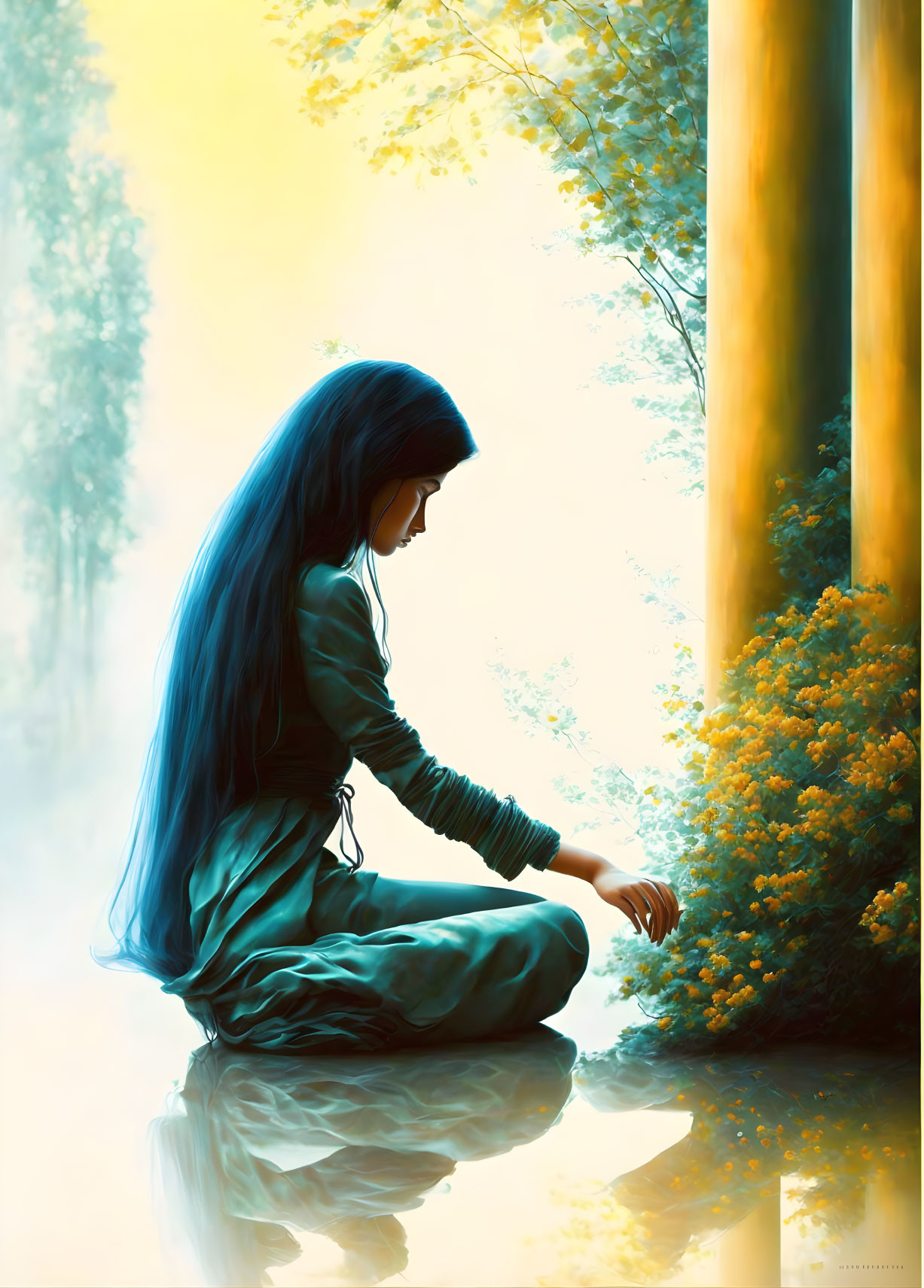 Blue-haired person meditates in mystical forest with yellow flowers and serene water reflection.