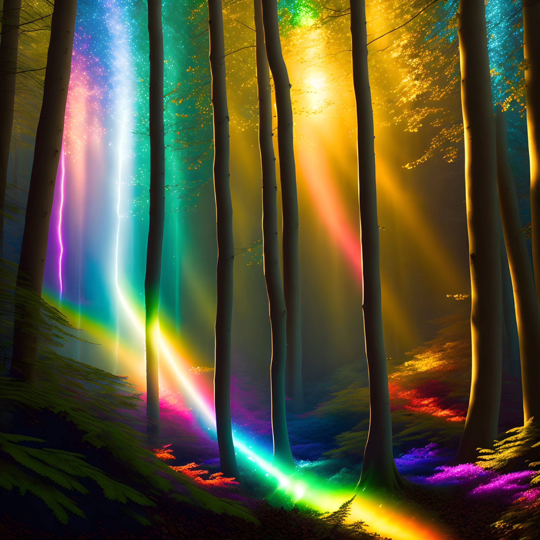 Enchanting forest with tall trees and vibrant light beams