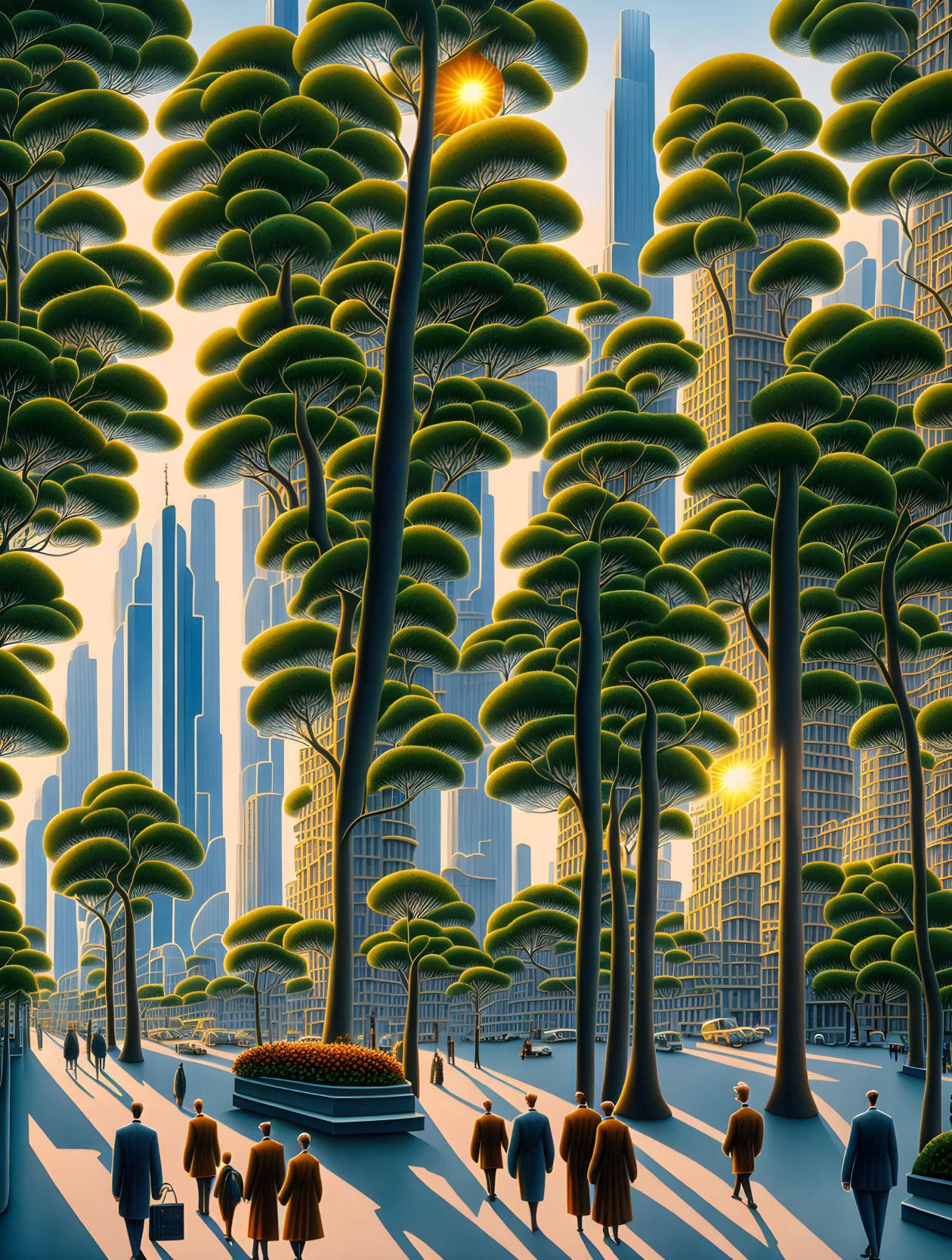 Surreal urban landscape with large trees and futuristic buildings