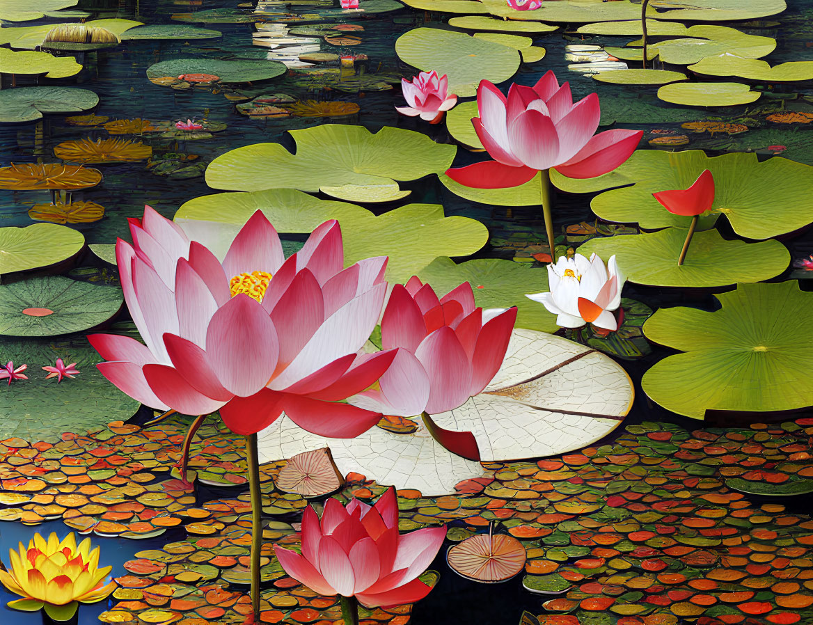 Colorful Lotus Flowers Blooming Over Serene Pond