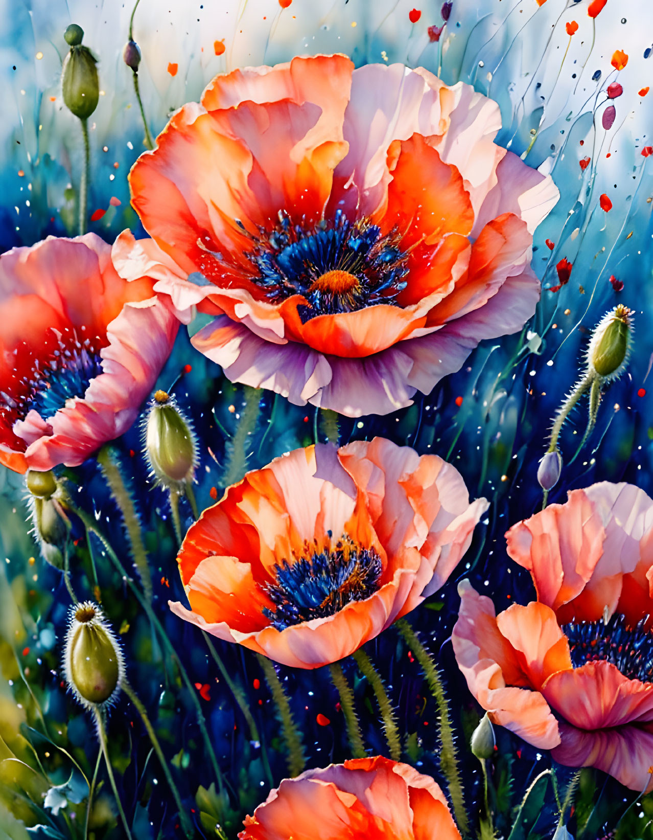 Bright Red-Orange Poppies in Dewy Garden Scene