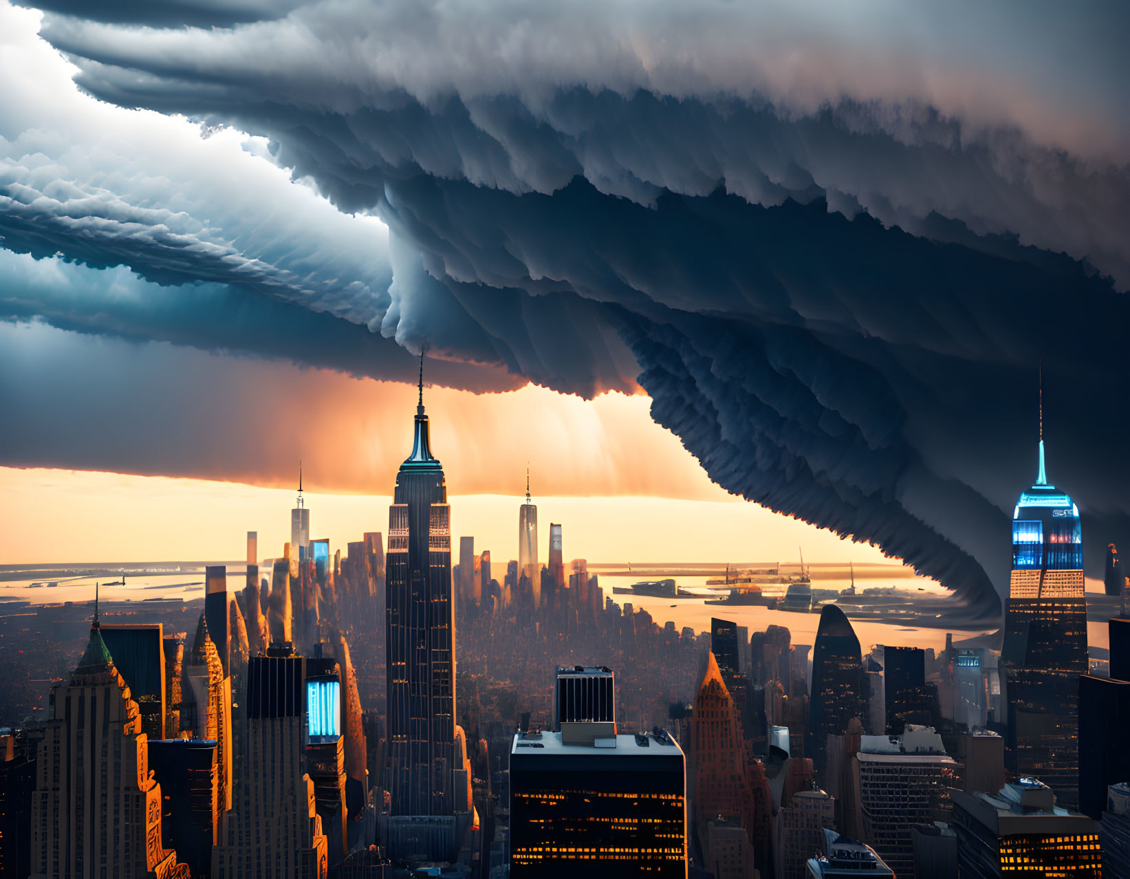 City skyline at sunset with dramatic cloud formation.