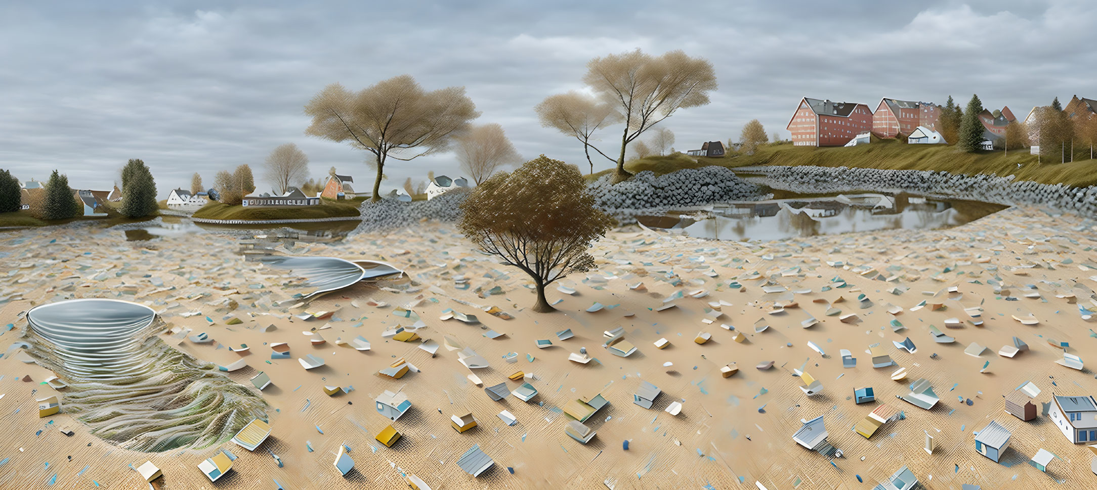 Surreal panoramic landscape with book pages ground, distorted elements, houses in background