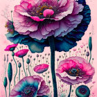 Colorful digital artwork: Oversized pink and purple poppies with butterflies on pastel pink.