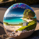 Colorful Flora Reflected in Glossy Sphere on Serene Beach