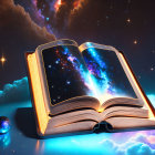 Cosmic-themed open book with illuminated pages of stars and nebulae