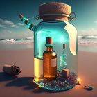 Glass Jar on Sandy Beach with Small Bottle, Pebbles, and Shells