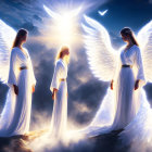 Ethereal angels with glowing white wings in radiant light