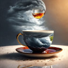 Surreal teacup, world map, and levitating wine glass against dramatic sky landscape