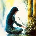 Blue-haired person meditates in mystical forest with yellow flowers and serene water reflection.