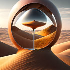 Hourglass in torus shape in desert with sand flowing under warm sky