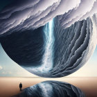 Surreal artwork: Person views massive wave creating circular portal in sky