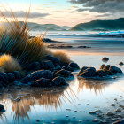 Tranquil beach at sunset with rocky outcrops and beach grass