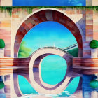 Vibrant illustration: whimsical stone bridge over blue water