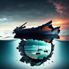 Surreal boat floating on ocean with intact underwater reflection at twilight