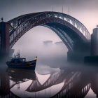 Boat on calm water near mist-covered arch bridge