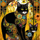 Colorful Quilled Paper Art: Black and White Cat with Vibrant Flowers