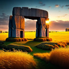 Stonehenge-like Formation at Sunset with Wheat Fields and Blue Sky