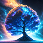 Majestic tree with blue glowing edges against dynamic orange sky