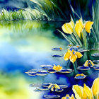 Detailed Watercolor Painting of Yellow Iris Flowers and Lily Pads in Serene Pond