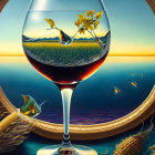 Surreal wine glass illustration with vineyard, ocean, fish, and corn in oval frame