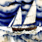 Sailboat illustration with billowing sails on water amid dark clouds