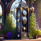 Luxurious Grand Clock in Fantastical Garden with Ornate Clock Face