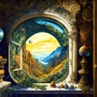 Fantasy Landscape Through Ornate Window with Detailed Artifacts