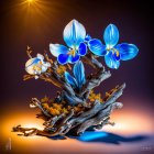 Vibrant blue orchids on driftwood with orange and purple backdrop