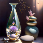 Still life with tall vase, stones, pink flora, and eggs on dark background