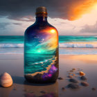 Patterned Vase and Glowing Orbs on Beach at Sunset