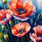 Bright Red-Orange Poppies in Dewy Garden Scene