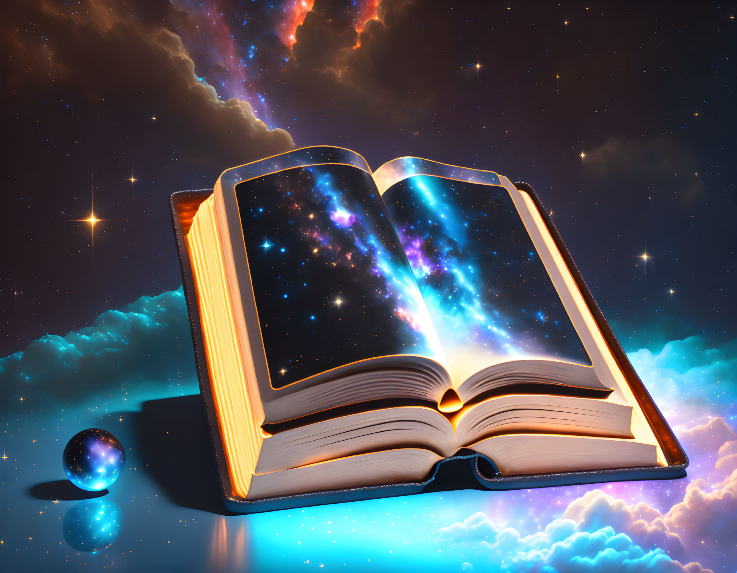 Cosmic-themed open book with illuminated pages of stars and nebulae