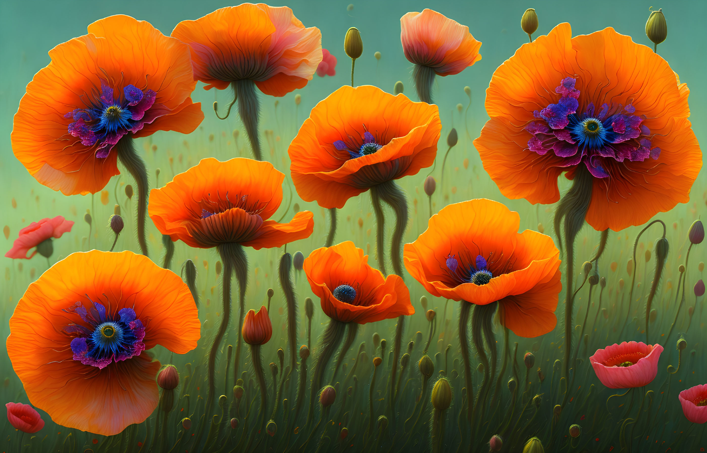 Bright Orange Poppies with Blue Centers Blooming on Green Background